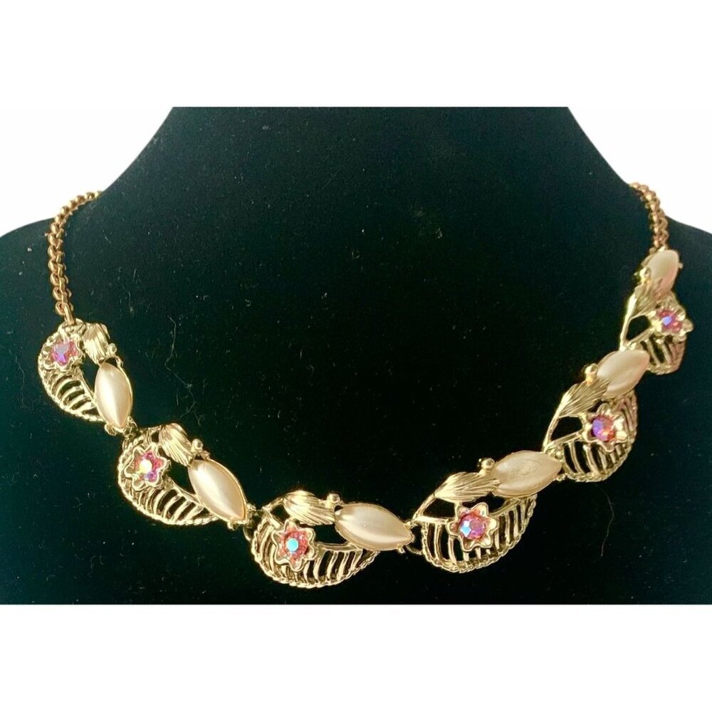 Aurora Borealis Rhinestone Choker Necklace Gold Tone Faux Pearls Retro 1960s